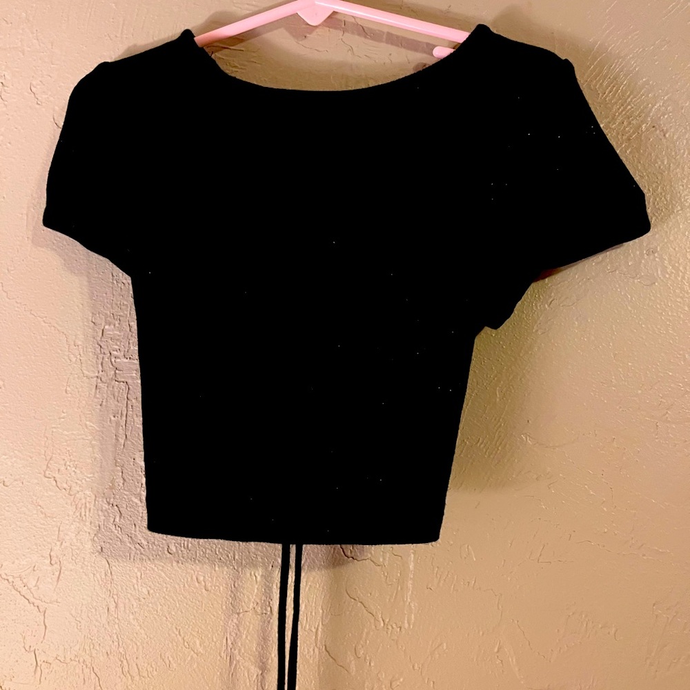 Black short sleeve crop top, laces up the back